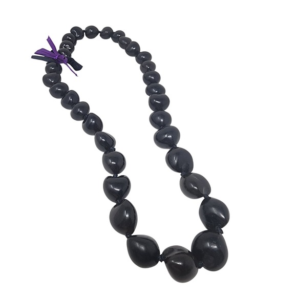 Jewelry - Kukui Nut Lei Necklace Black Hawaiian Ribbon Tie Strand Jewelry‎